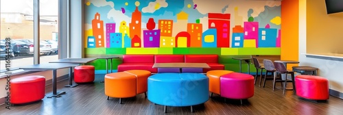 Wallpaper Mural Colorful kids' play area with city mural, seating, and tables. Torontodigital.ca