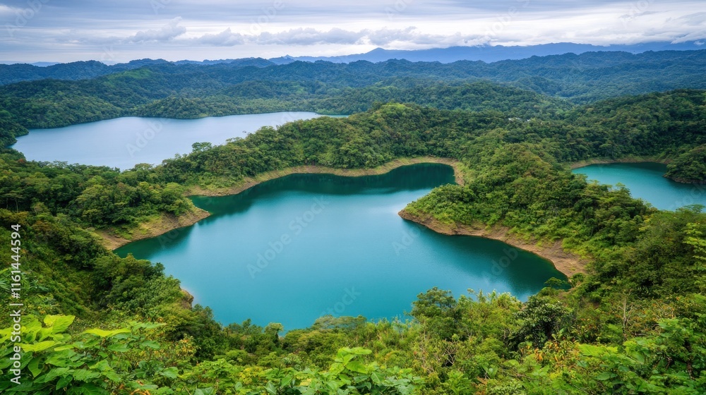 Panoramic view of a lush green landscape with turquoise lakes nestled among hills. Panoramic view of a lush green landscape with turquoise lakes nestled among hills.