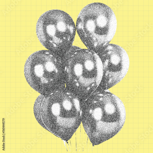  festive bouquets  balloons Color glossy flying baloon, ribbon, birthday celebrate withbouquet trendy Y2K elements. Grain effect and stippling. Vector dots texture.