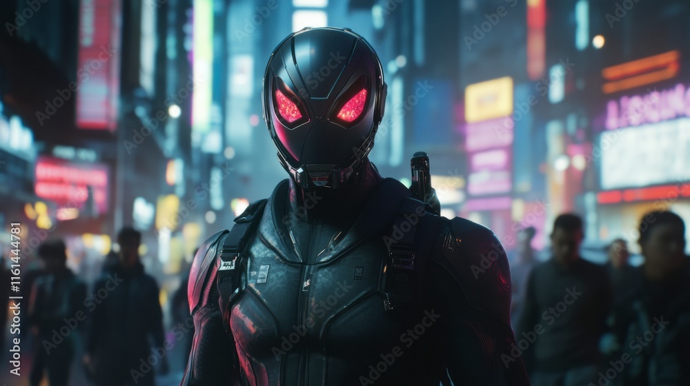 A cybernetic assassin blending into a crowd in a bustling neon-lit plaza A cybernetic assassin blending into a crowd in a bustling neon-lit plaza