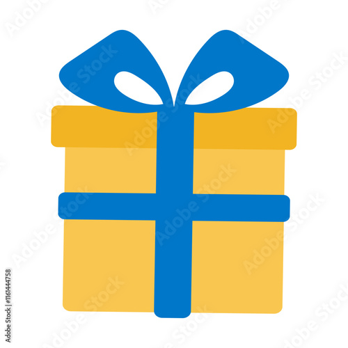 A yellow and blue gift box with a blue ribbon on top. The box is decorated with a blue bow, giving it a festive and celebratory appearance. The ribbon is positioned above the box