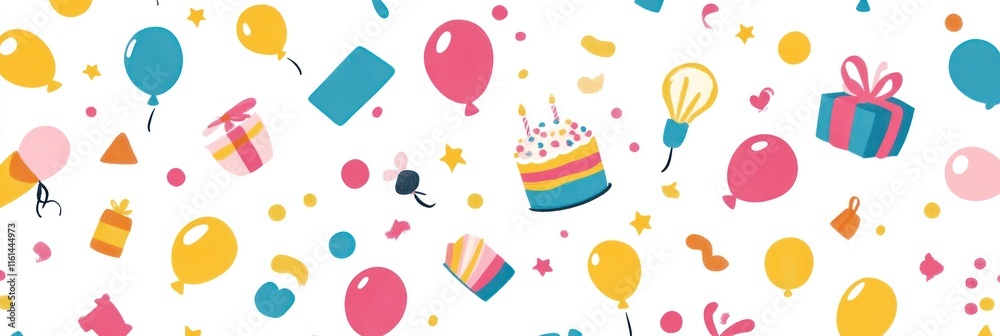 Festive birthday party seamless pattern with balloons, cake, gifts, and confetti. Festive birthday party seamless pattern with balloons, cake, gifts, and confetti.