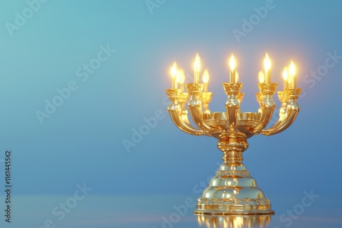 Golden menorah shining against a serene blue background, evoking a peaceful ambiance. photo