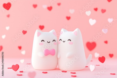 Valentines Day card 3d kawaii two cats kissing one wearing a pink bow on a pastel pink background, red hearts confetti