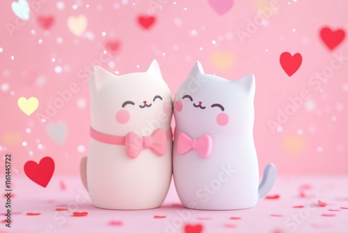 Valentines Day card 3d kawaii two cats kissing one wearing a pink bow on a pastel pink background, red hearts confetti