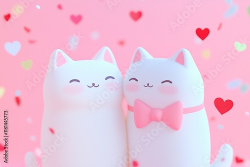 Valentines Day card 3d kawaii two cats kissing one wearing a pink bow on a pastel pink background, red hearts confetti