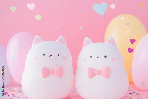 Valentines Day card 3d kawaii two cats kissing one wearing a pink bow on a pastel pink background, red hearts confetti