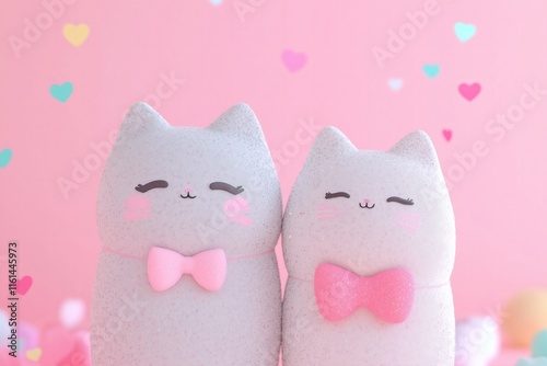 Valentines Day card 3d kawaii two cats kissing one wearing a pink bow on a pastel pink background, red hearts confetti