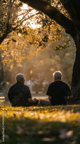 Two elderly men enjoy a quiet conversation in a park, surrounded by soft golden light filtering through autumn leaves, creating a serene atmosphere