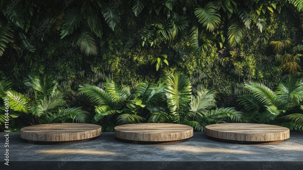Three wooden podiums on a concrete surface against a lush green tropical plant wall. Three wooden podiums on a concrete surface against a lush green tropical plant wall.
