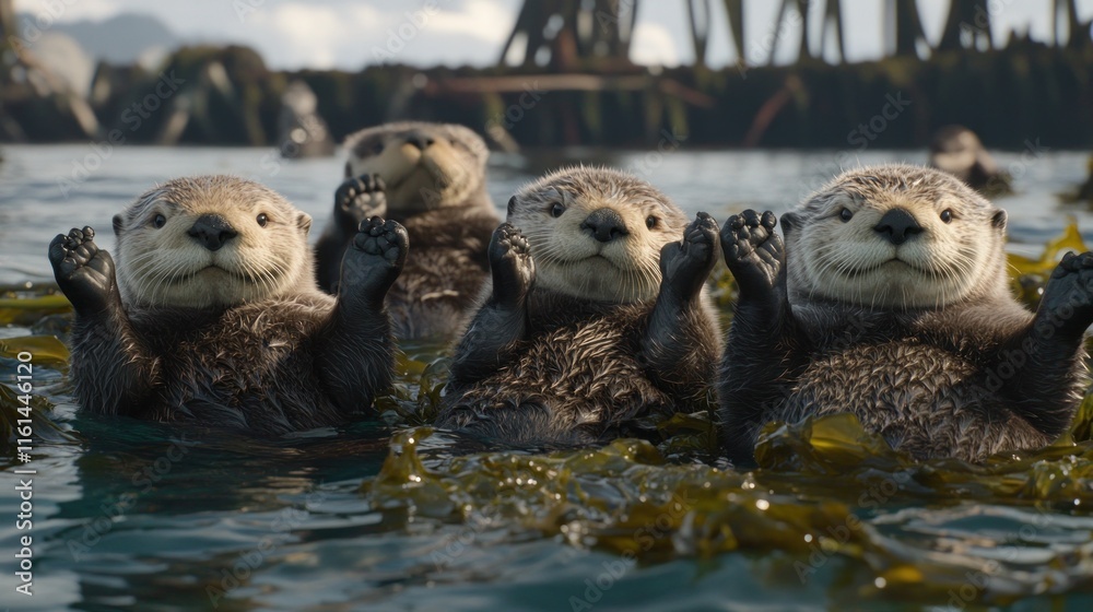 Fototapeta premium Four sea otters float on kelp, paws raised, in calm ocean water near a dilapidated structure.