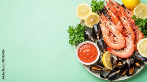 Fresh shrimp, mussels, lemon, and parsley on a plate with sauce. photo