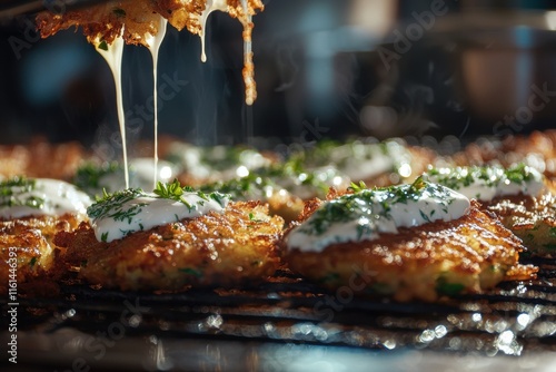 Hanukkah latkes with a drizzle of sour cream and herbs, beautifully plated. photo