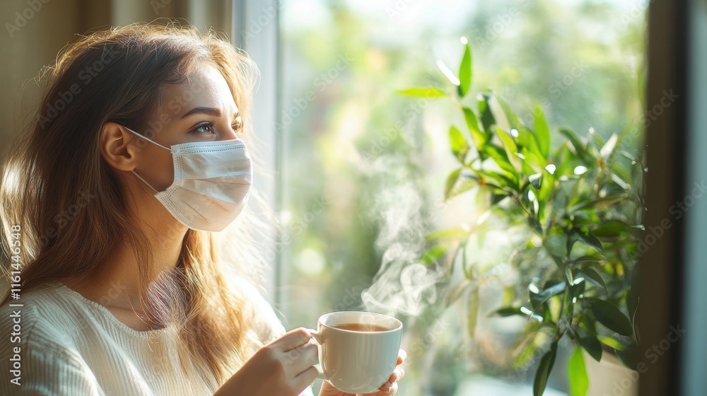 Cozy woman wearing a medical mask, holding a steaming cup of tea by a frosted window, gazing outside with a serene expression. Perfect wintertime mood with warm sweaters and soft light. Cozy woman wearing a medical mask, holding a steaming cup of tea by a frosted window, gazing outside with a serene expression. Perfect wintertime mood with warm sweaters and soft light.