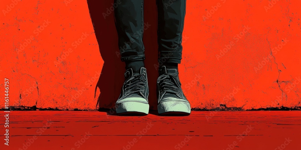 Aesthetic Rendering of Sneakers Against a Vibrant Red Background, Illustrating a Modern and Urban Street Fashion Aesthetic with a Focus on Footwear and Bold Colors. Aesthetic Rendering of Sneakers Against a Vibrant Red Background, Illustrating a Modern and Urban Street Fashion Aesthetic with a Focus on Footwear and Bold Colors.