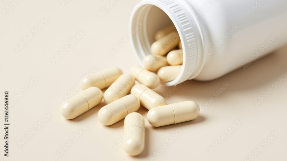 Magnesium Glycinate capsules spilled out of a white bottle onto a surface. Magnesium Glycinate capsules spilled out of a white bottle onto a surface.