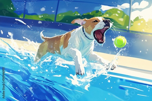 A playful dog joyfully leaps into a pool, splashing water as it chases a bright green tennis ball. photo