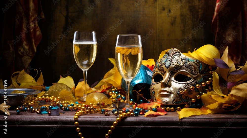 Elegant Venetian mask surrounded by leaves, beads, and glasses of champagne, evoking a festive atmosphere