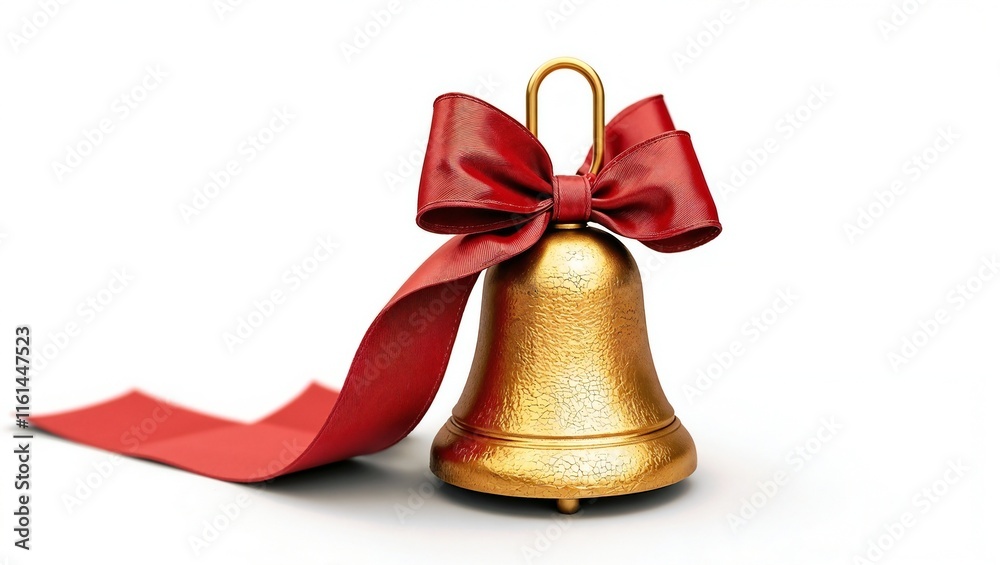 A golden bell with a textured surface and a large red ribbon bow is set against a bright white background, emphasizing its festive appearance.