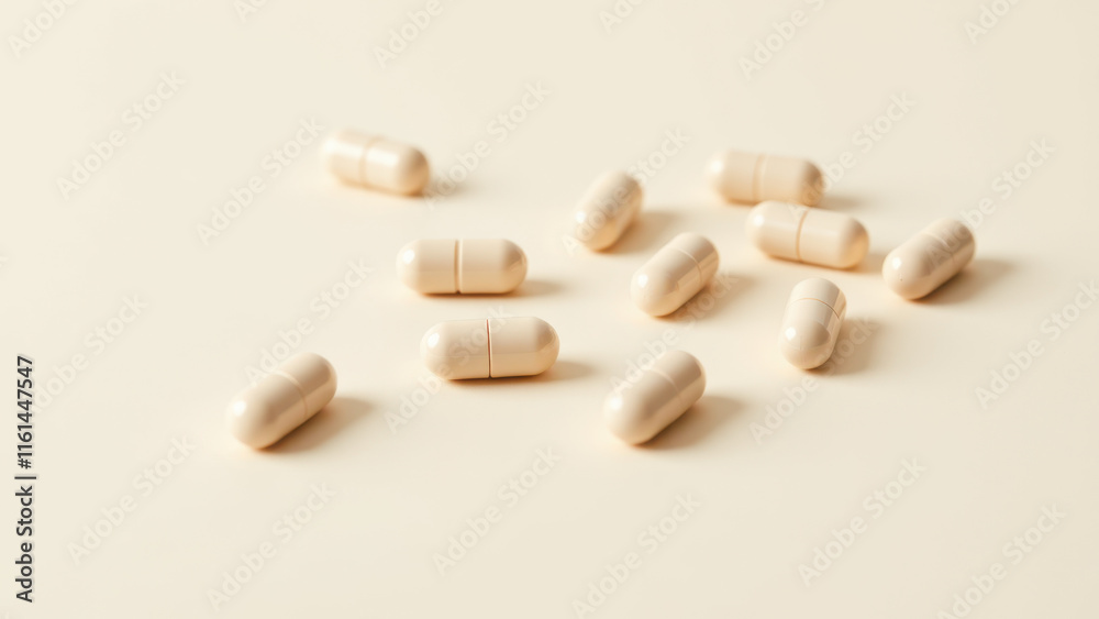 Group of six white capsules with blue markings on a light surface.