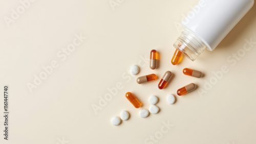 Magnesium Glycinate supplements being poured from a bottle onto a surface.