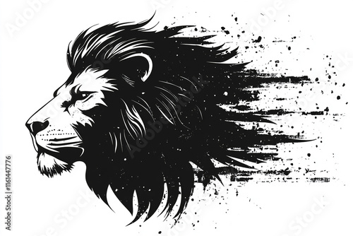 The image is a black and white illustration of a lion's head in profile, with a dynamic and somewhat grungy style, featuring splattered paint effects photo