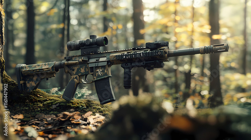 Tactical assault rifle in camouflage military equipment in outdoor forest landscape. Reverberate. Illustration photo