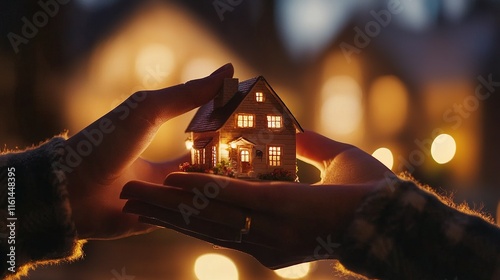 Young Couple Holding Miniature House Model with Soft Backlighting and Cozy Home Background photo