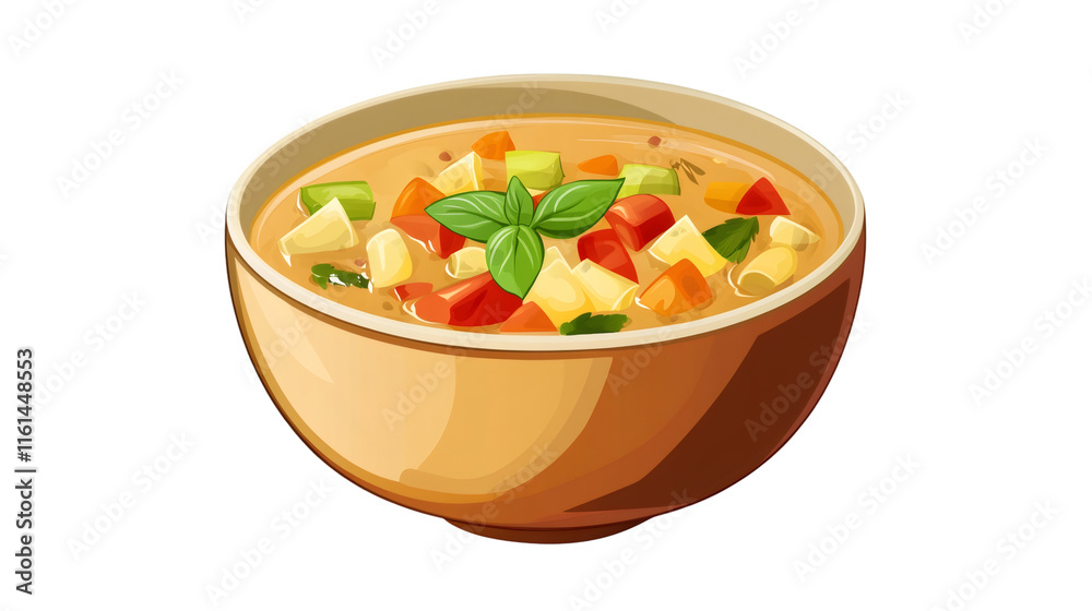 Minestrone soup with fresh vegetables including tomatoes, zucchini, carrots, potatoes, and basil served in a bowl, on transparent background Minestrone soup with fresh vegetables including tomatoes, zucchini, carrots, potatoes, and basil served in a bowl, on transparent background
