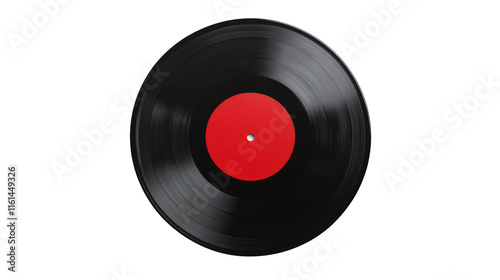 Rotating black vinyl record with red label on transparent background, representing music, nostalgia, and vintage audio technology