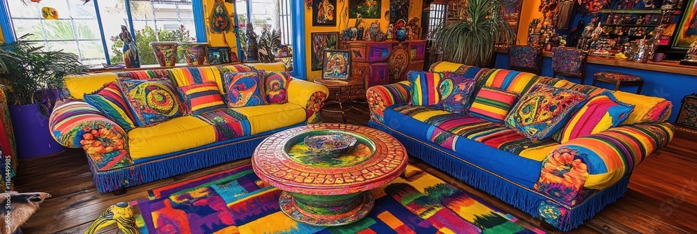 Fototapeta premium Vibrant living room with colorful sofas, pillows, coffee table, and rug.