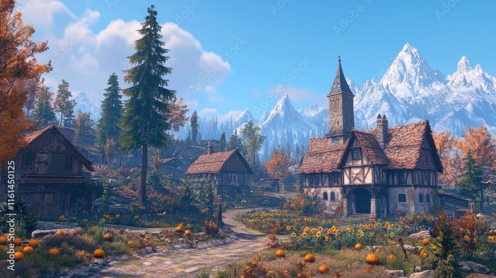 Obraz premium Autumnal village nestled in a mountain valley, pumpkins in foreground, church steeple visible.