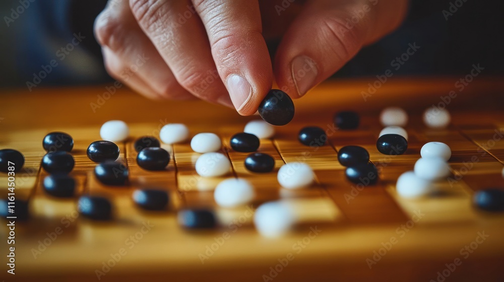 Close-up of a hand placing a black stone on a Go board. Close-up of a hand placing a black stone on a Go board.
