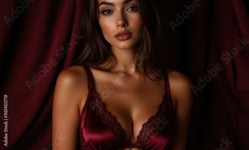 Seductive female model in burgundy lingerie