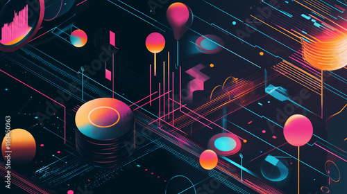 A vibrant abstract artwork depicting a futuristic circuit board with glowing neon spheres, lines, and geometric shapes. Pink, orange, and blue hues dominate the dark background