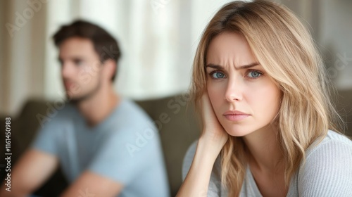 Wallpaper Mural Serious sad woman thinking over a problem, man aside, meeting therapist, poor chance of getting pregnant after 40, unmet expectations, unable to handle family finances, interested in different things Torontodigital.ca