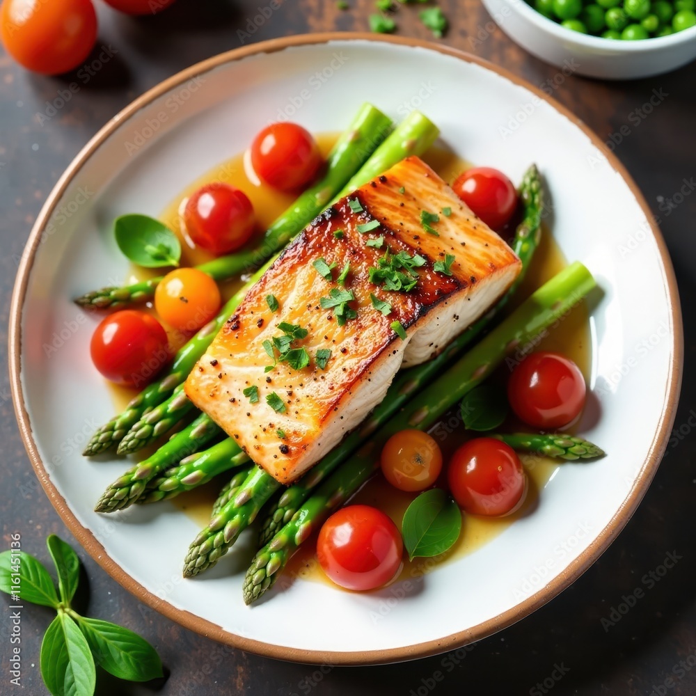 Pan-seared salmon fillet atop a bed of asparagus and cherry tomatoes with fresh herbs, fresh, herbs Pan-seared salmon fillet atop a bed of asparagus and cherry tomatoes with fresh herbs, fresh, herbs