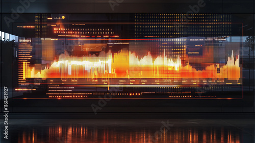 A digital display shows dynamic orange and white waveforms, resembling network traffic or audio data, overlaid on a dark technological interface. Reflective floor enhances the futuristic feel