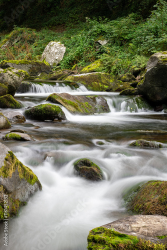 Long exposure of the east Lyn river flowing through the woods at Watersmeet in Exmoor National Park