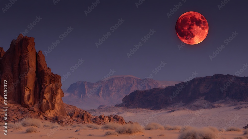 Fototapeta premium Red moon rises over desert landscape and rocky mountains