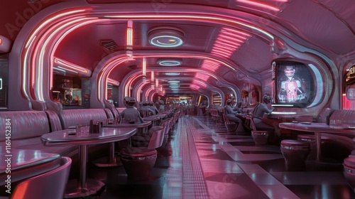 A futuristic diner with neon signs, robotic waiters, and a holographic jukebox