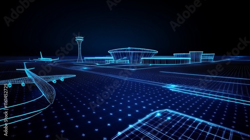 Digital airplane on a runway with control tower buildings and bus Low poly airport wireframe concept with dots and stars on dark blue