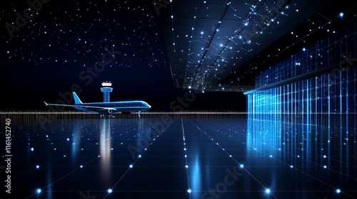 Digital luggage at airport with airplane and control tower Low poly wireframe on dark blue background with stars dots and particles