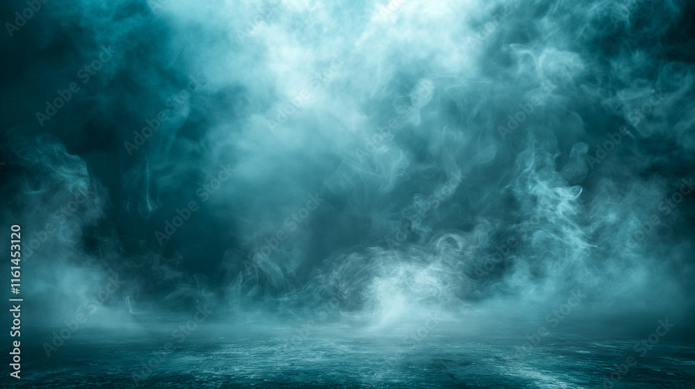 Ethereal teal mist swirling above a reflective surface in a mysterious atmosphere. Copy space. Generative AI Ethereal teal mist swirling above a reflective surface in a mysterious atmosphere. Copy space. Generative AI