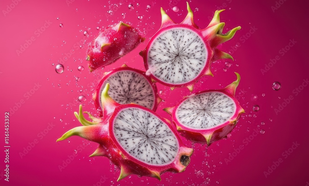 Sliced dragon fruit in vibrant splash. Sliced dragon fruit in vibrant splash.