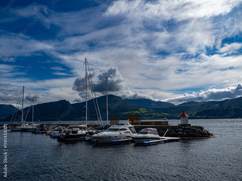 Fototapeta premium Photo of the village and port of Volda, municipality in the province of More og Romsdal, Norway.