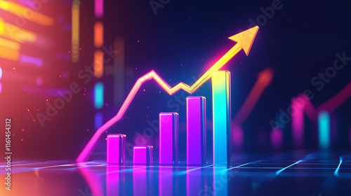 A vibrant 3D bar and line graph showcases strong upward financial growth, symbolized by a glowing arrow. Neon colors highlight economic progress and market success. Data points to a positive future