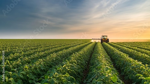 Tractor spraying soybean field in sunset.,