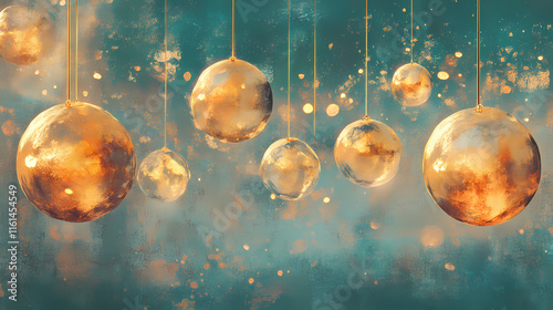 Latex orbs suspended in mid-air reverberate with festive sparkle, their golden sheen radiating happiness and. Reverberate. Illustration