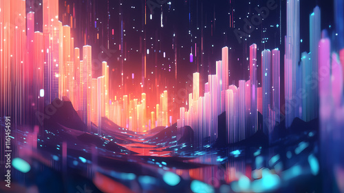 Like a series of musical notes the rise and fall of crypto values reverberates through the canyon creating a unique soundtrack to the financial world. Reverberate. Illustration